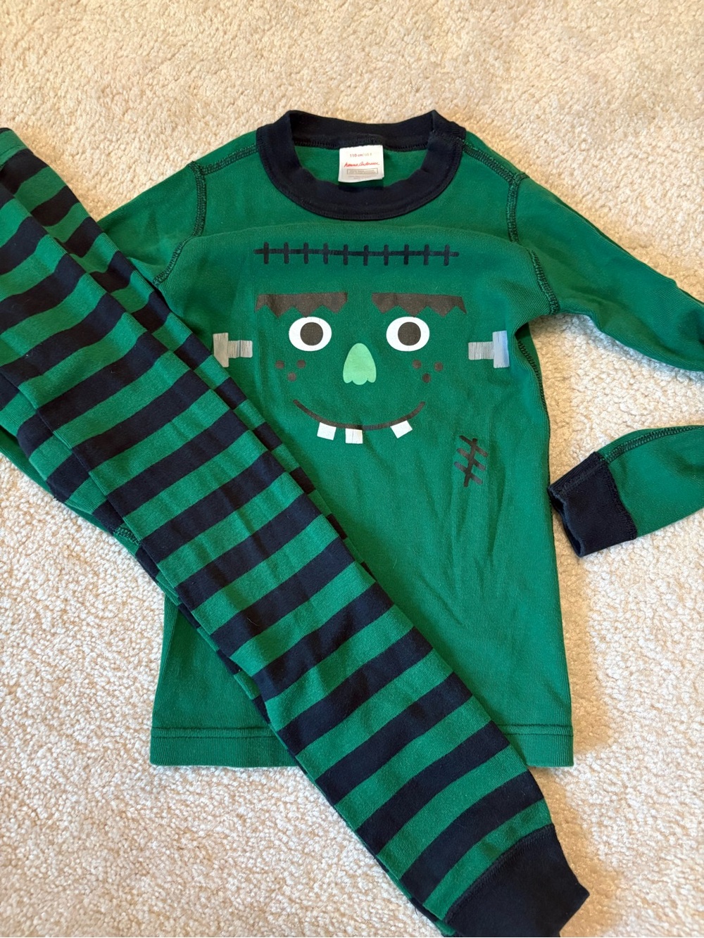Hanna Andersson Green Frankenstein Pajama Set with Navy Stripes